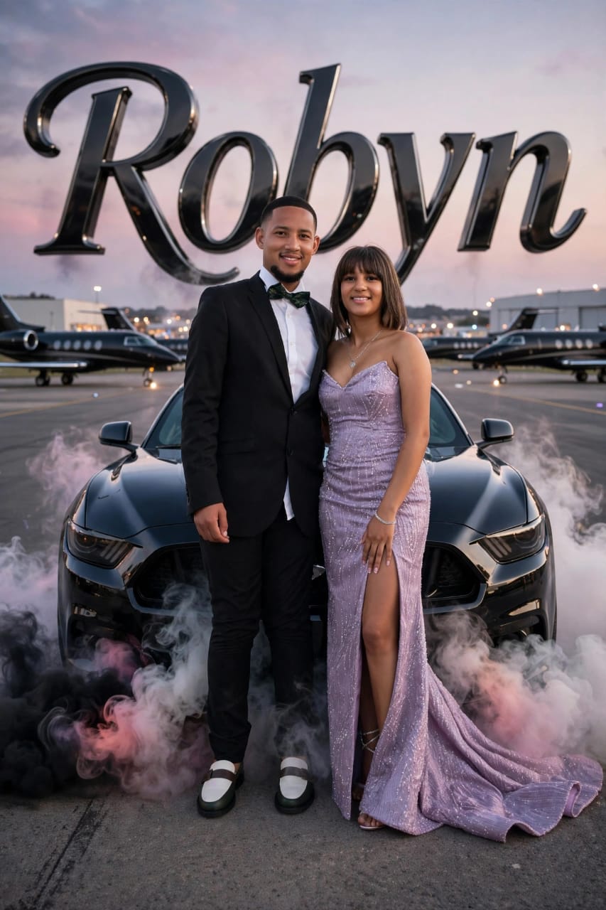 Matric ball couple in a black suit and lilac gown in front of a car with pink smoke