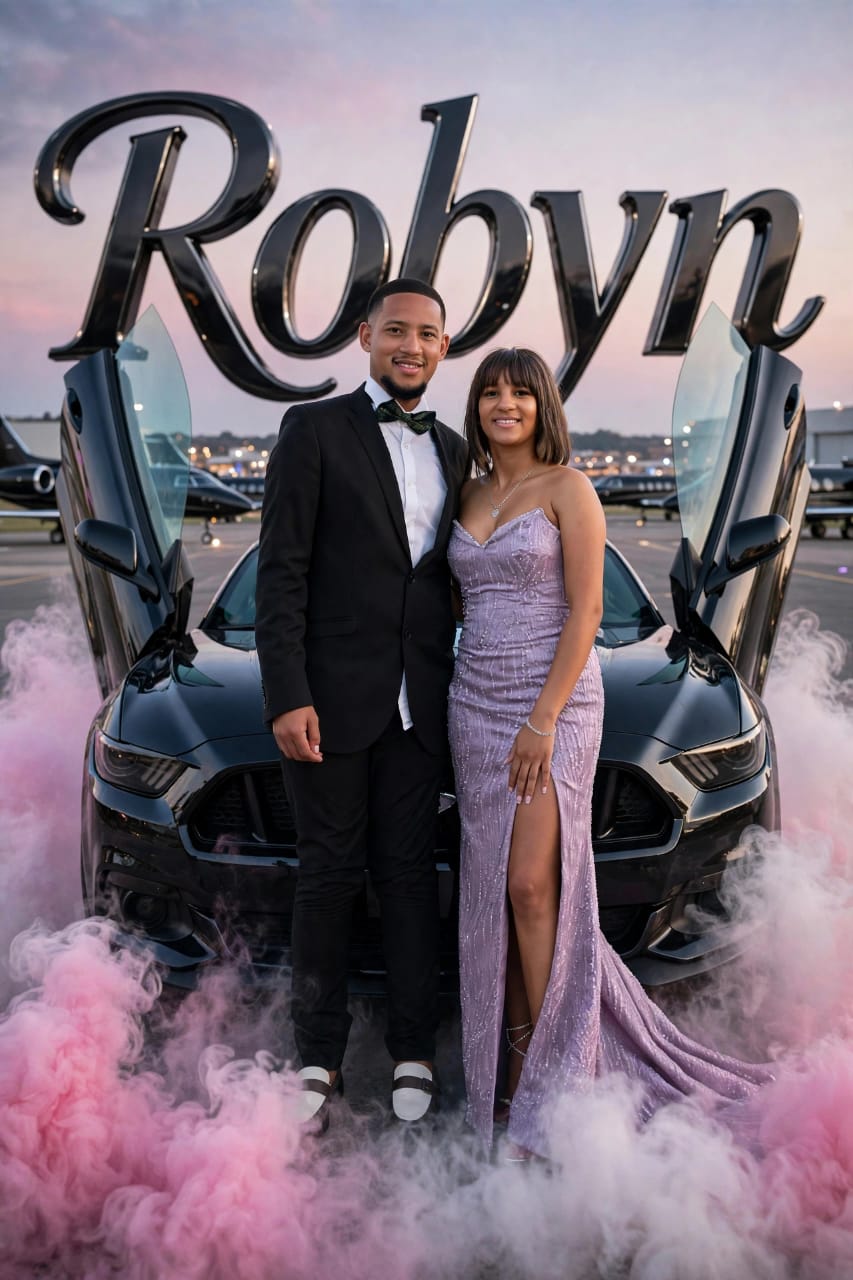 Matric ball couple beside a car with raised doors and pink smoke