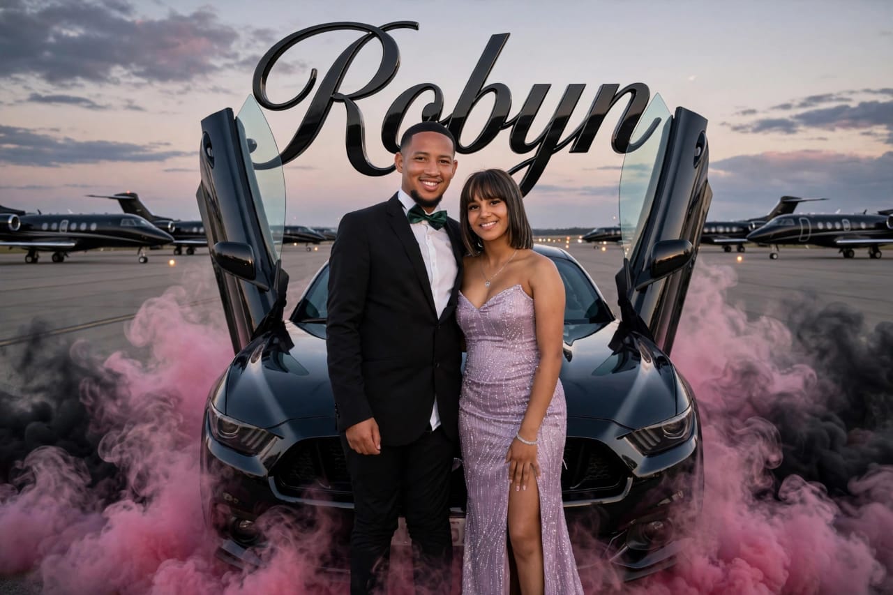 Wide matric ball couple portrait with a car and pink smoke