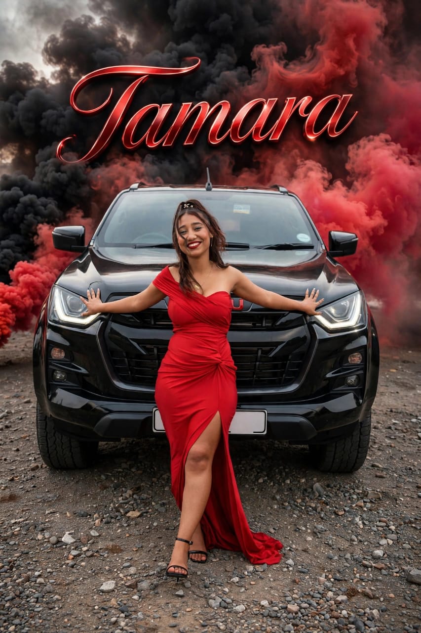 Matric ball portrait in a red gown with a black vehicle and red smoke