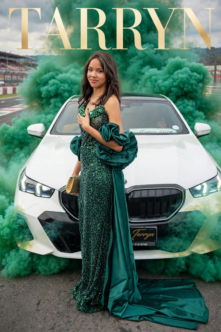 Matric ball portrait in an emerald gown with a white car and green smoke