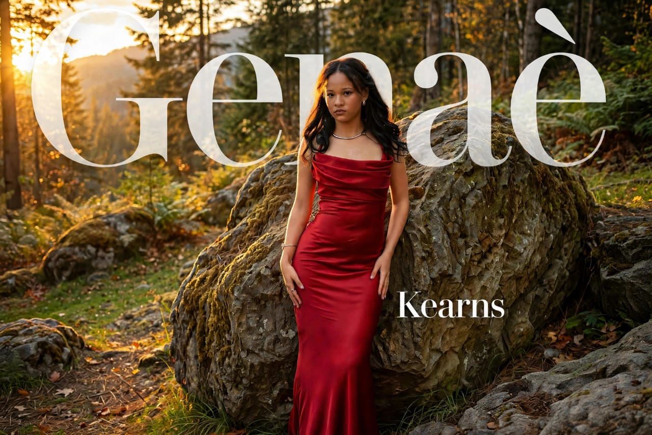 Matric ball portrait in a red gown beside a boulder in a woodland setting