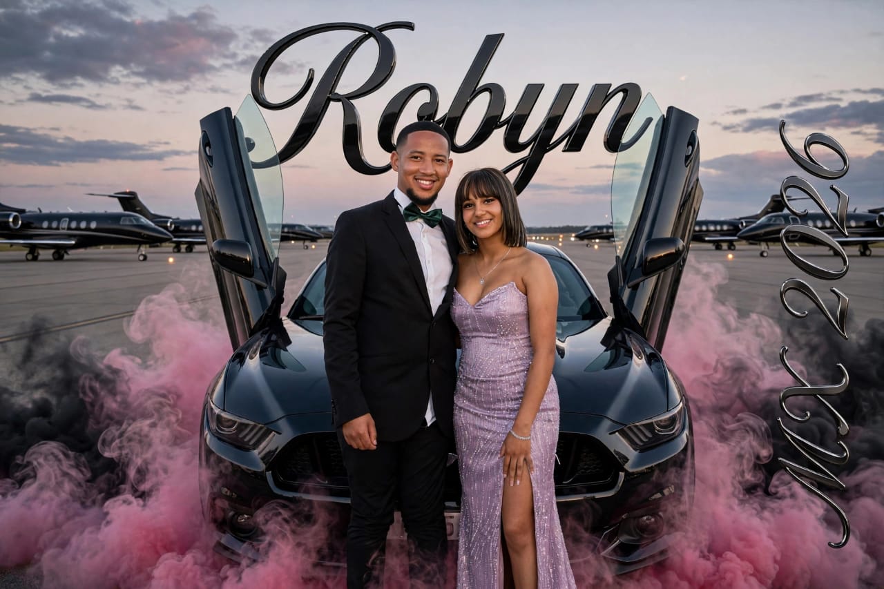 Wide matric ball couple portrait with pink smoke and matric 2026 artwork